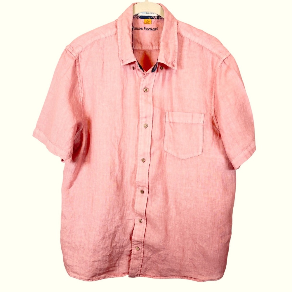 Tailor‎ Vintage Mens XL coral 100% Linen Pure Tec Cool Short Sleeve Button Shirt